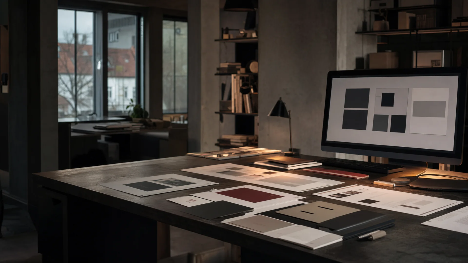Realistische ONEART Arbeitsatmosphäre mit Website-Konzepten, Papiermustern und Markenentwicklung