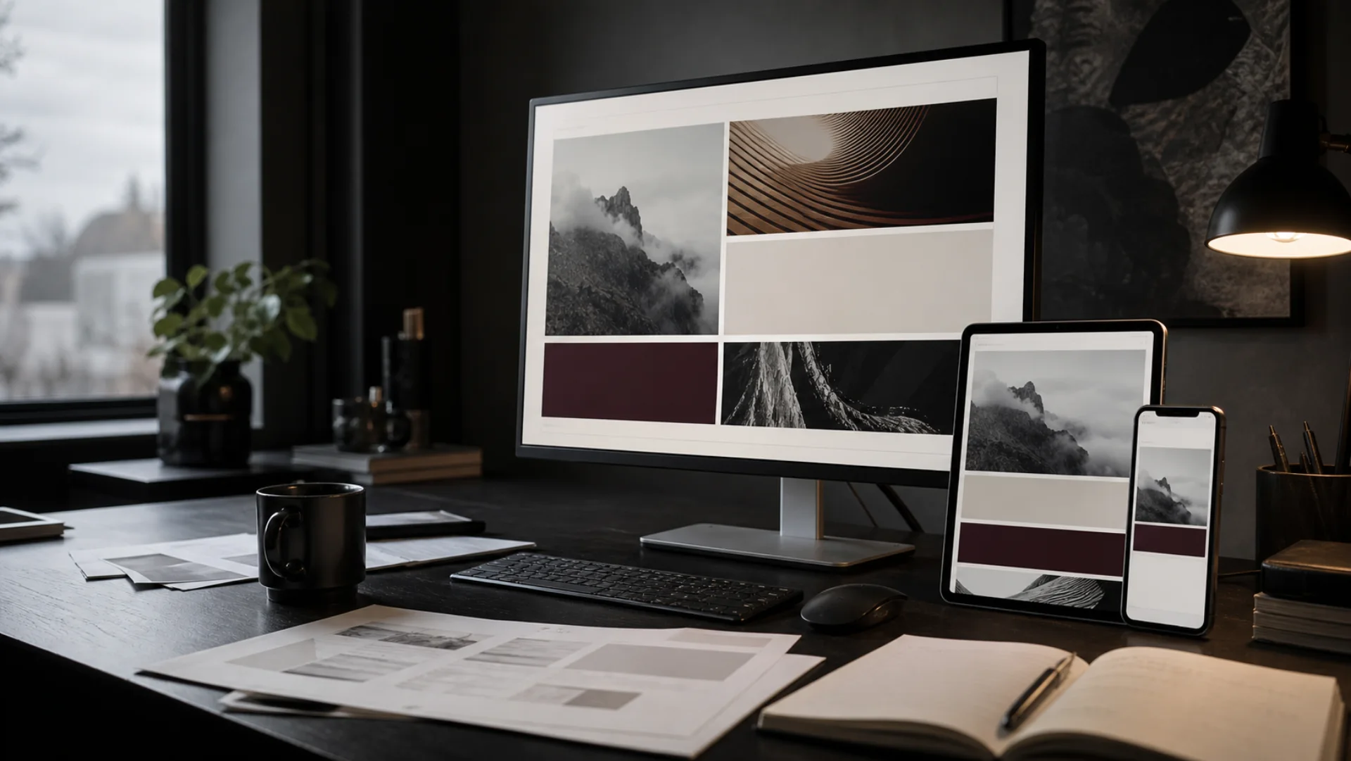Realistische Webdesign-Arbeitsumgebung mit Desktop-, Tablet- und Smartphone-Ansichten