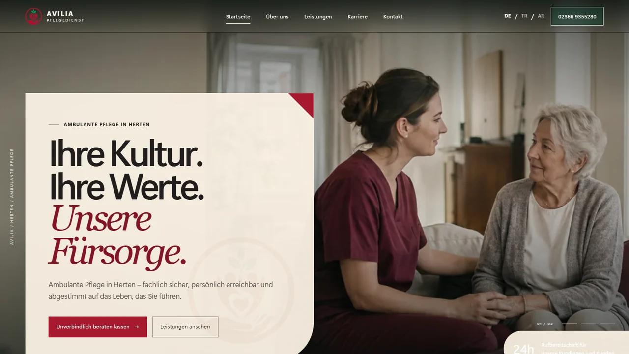 Website des Avilia Pflegedienstes in Herten mit Sprachwahl Deutsch, Türkisch, Arabisch und Telefonnummer