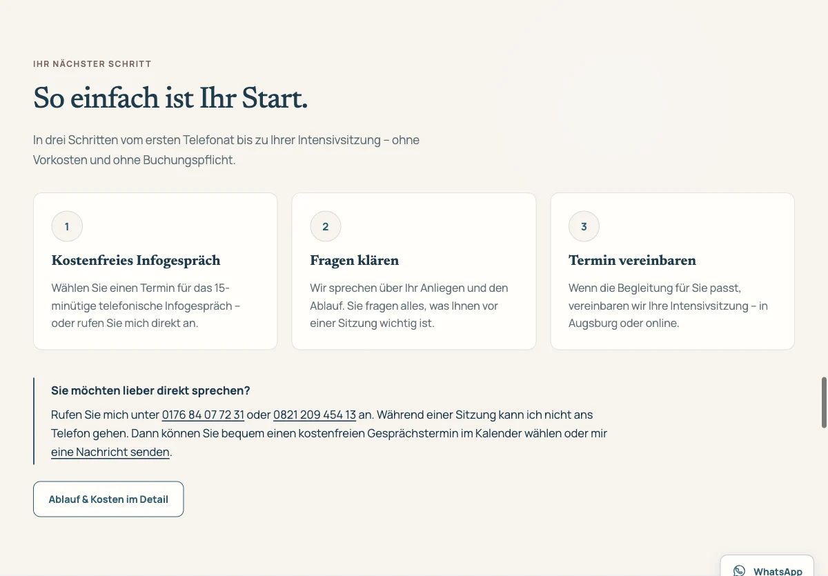 Originalansicht der Hypnose-Konzept-Website: drei Schritte vom Infogespräch zur Terminvereinbarung