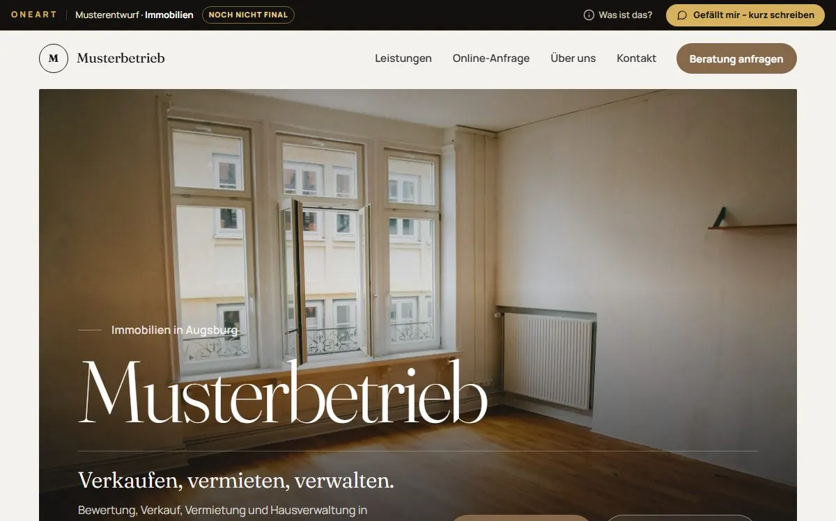 Muster-Website von ONEART für die Branche Immobilien